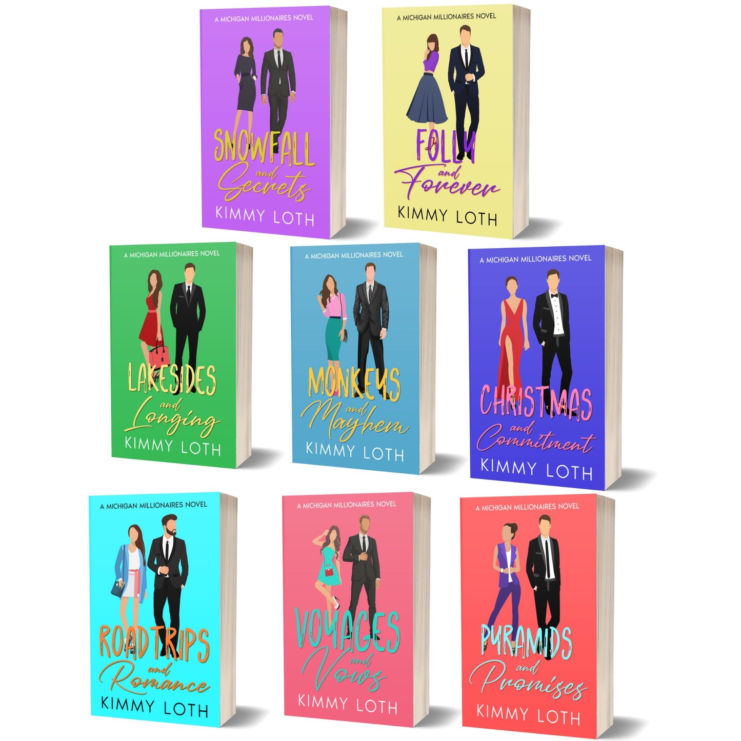 A collection of e-book covers for the Michigan Millionaires series, featuring various romantic scenarios with Author Name Kimmy Loth prominently displayed.