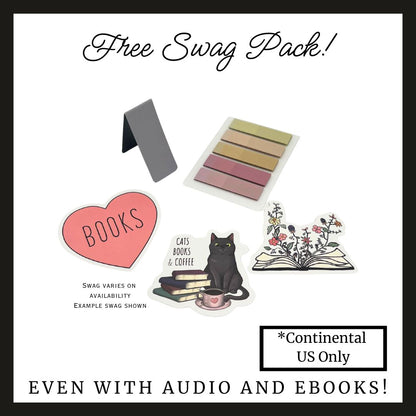 Promotional graphic for a free swag pack with stationery items and a cat sticker. Text saying swag varies on availability, example swag shown and continental US only